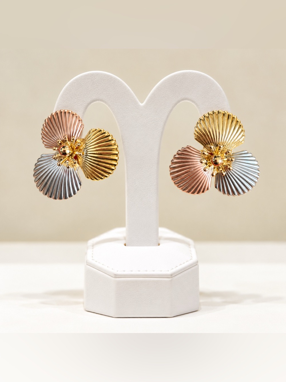 Tri-Tone Sculptural Floral Statement Earrings Gold Silver Rose